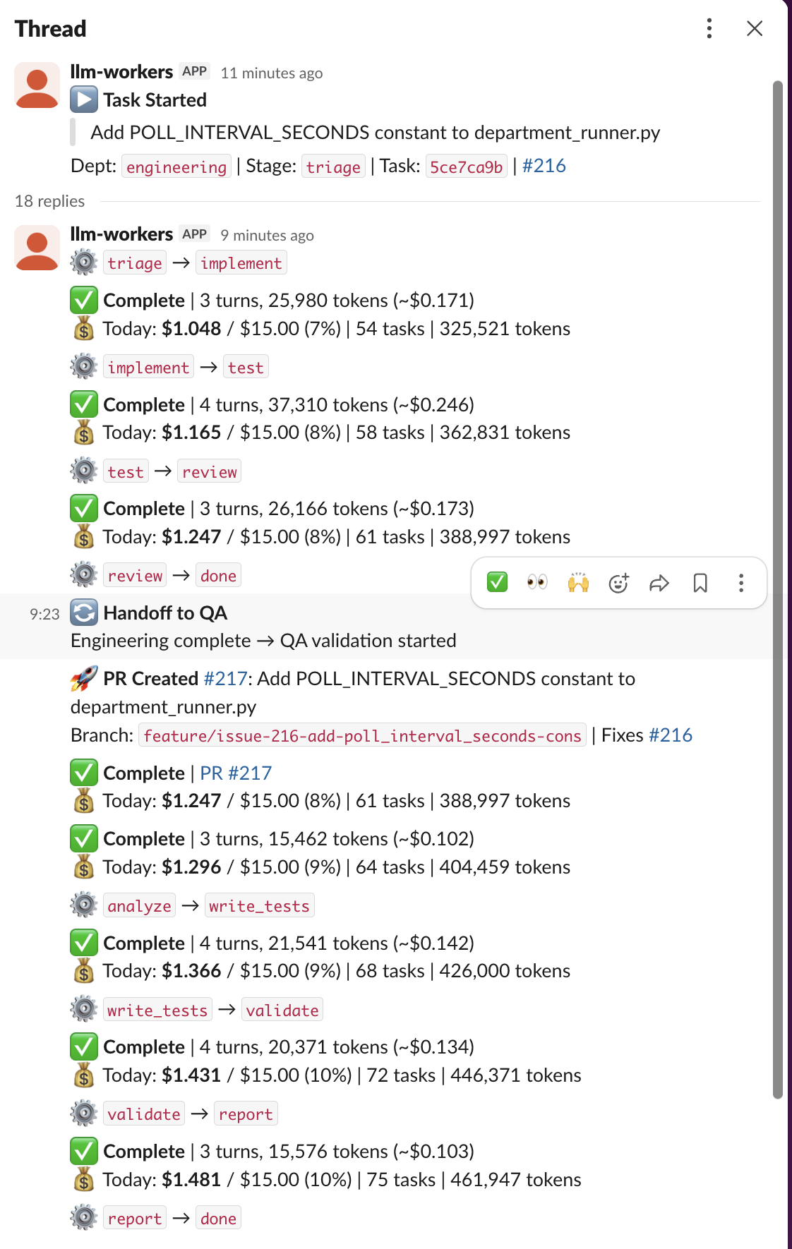 Slack thread showing llm-workers processing issue #216 through triage, implement, test, review, and QA stages